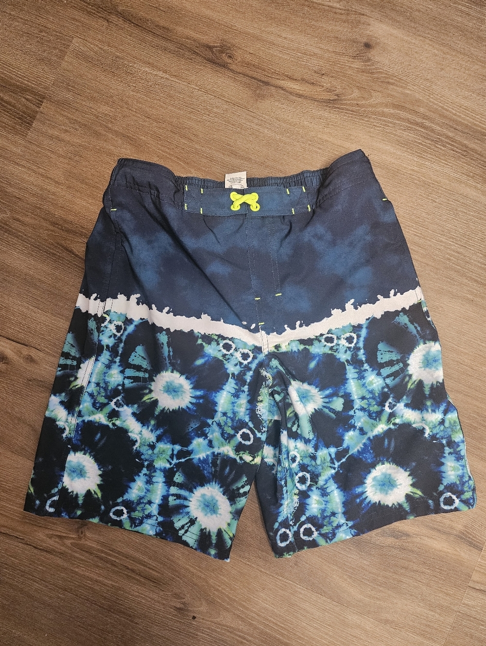 Boys Blue Tie-Dye Swim Trunks with Neon Drawstring
